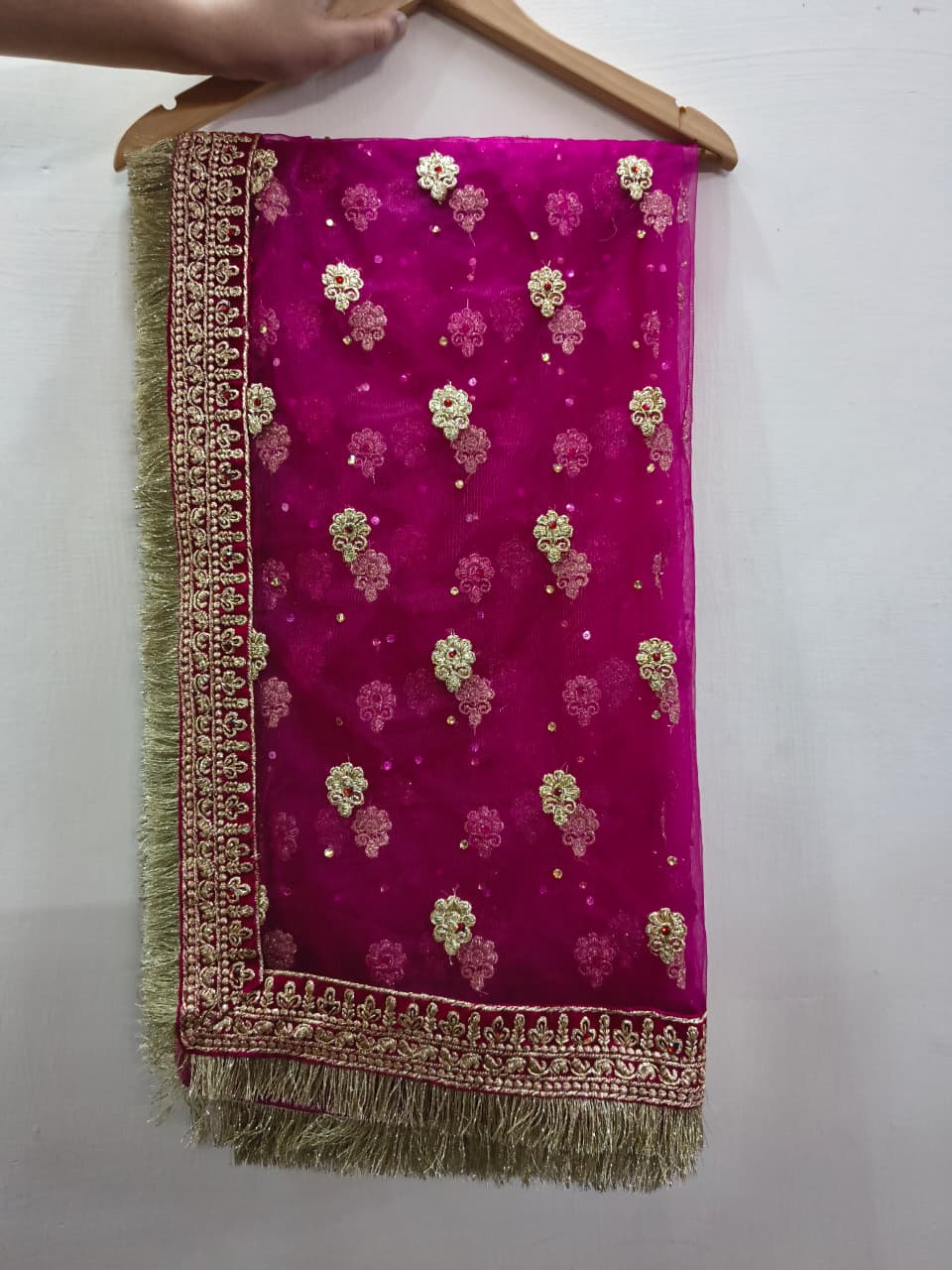 Magenta pink zardozi dupatta full length on wooden hanger, white background, Veera Products
