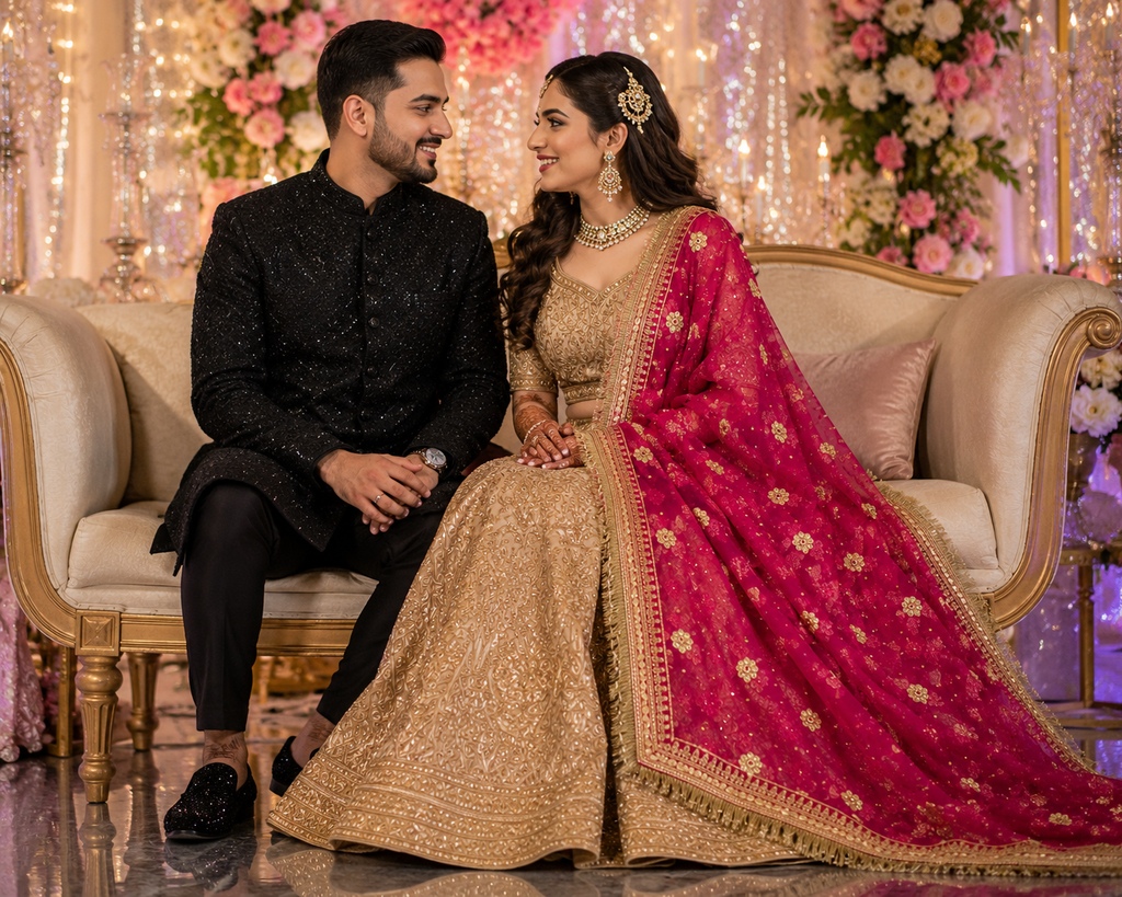 Bride wearing magenta zardozi dupatta at Indian wedding reception with groom, Veera Products