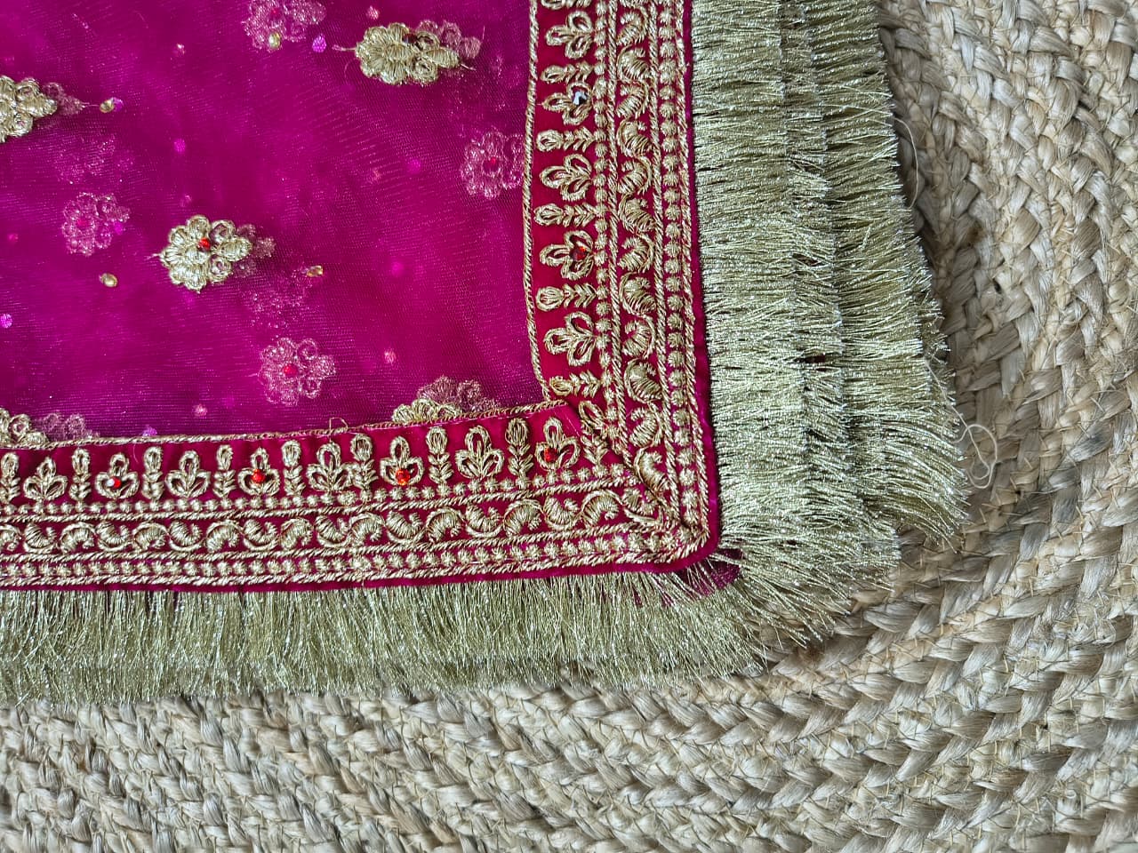 Magenta dupatta body showing gold booti, sequins and crimson zardozi border with fringe, Veera Products