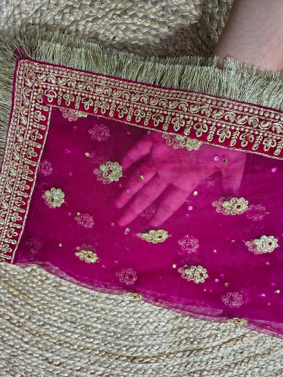 Magenta zardozi dupatta spread flat showing full body booti, sequins and lace border, Veera Products