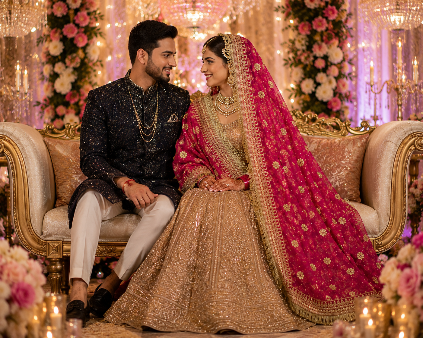 Magenta bridal dupatta on bride at candlelit wedding mandap setting, Veera Products
